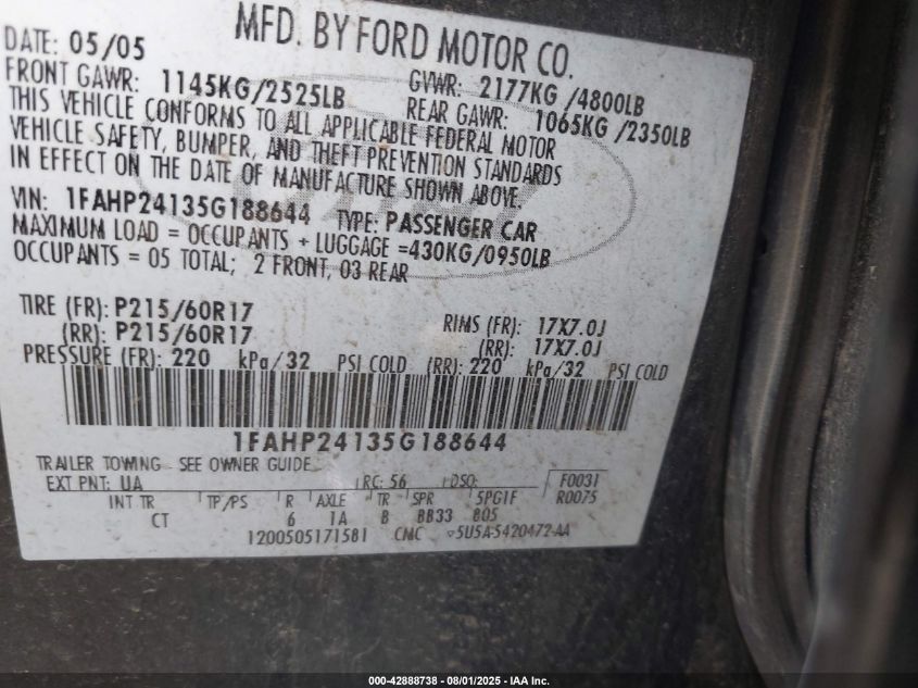 2005 Ford Five Hundred Sel VIN: 1FAHP24135G188644 Lot: 42888738