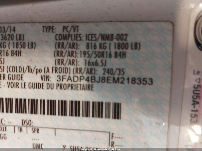 2014 Ford Fiesta Se VIN: 3FADP4BJ8EM218353 Lot: 42888769