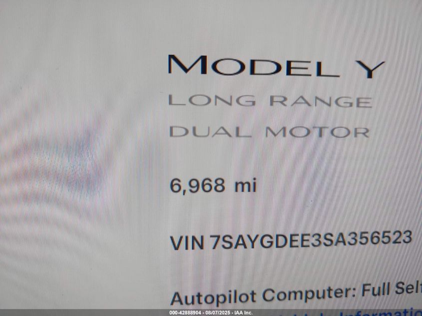 2025 Tesla Model Y Long Range Dual Motor All-Wheel Drive VIN: 7SAYGDEE3SA356523 Lot: 42888904
