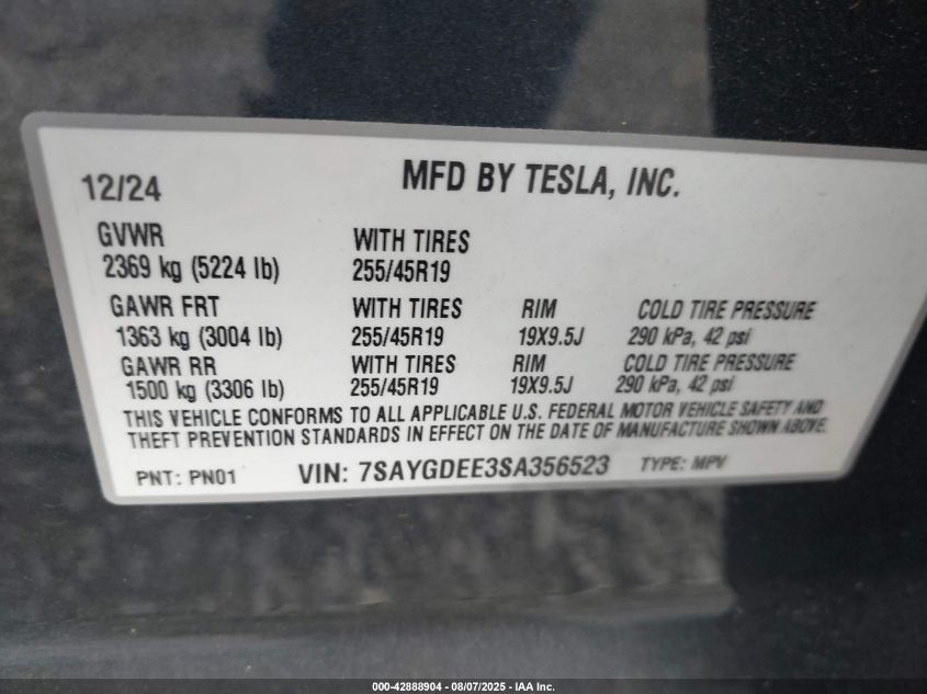 2025 Tesla Model Y Long Range Dual Motor All-Wheel Drive VIN: 7SAYGDEE3SA356523 Lot: 42888904