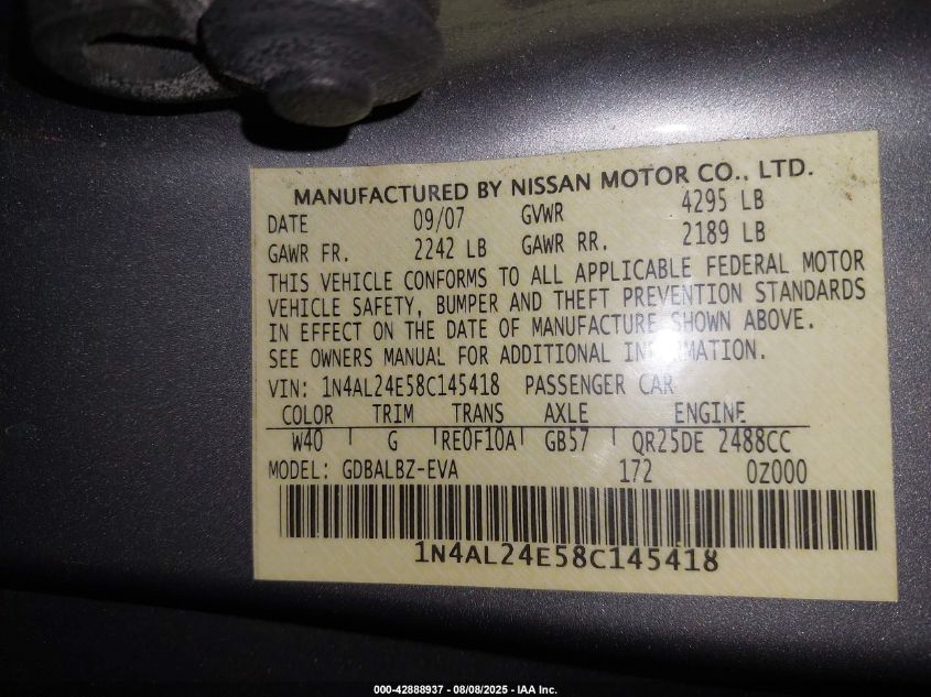 2008 Nissan Altima 2.5 S VIN: 1N4AL24E58C145418 Lot: 42888937