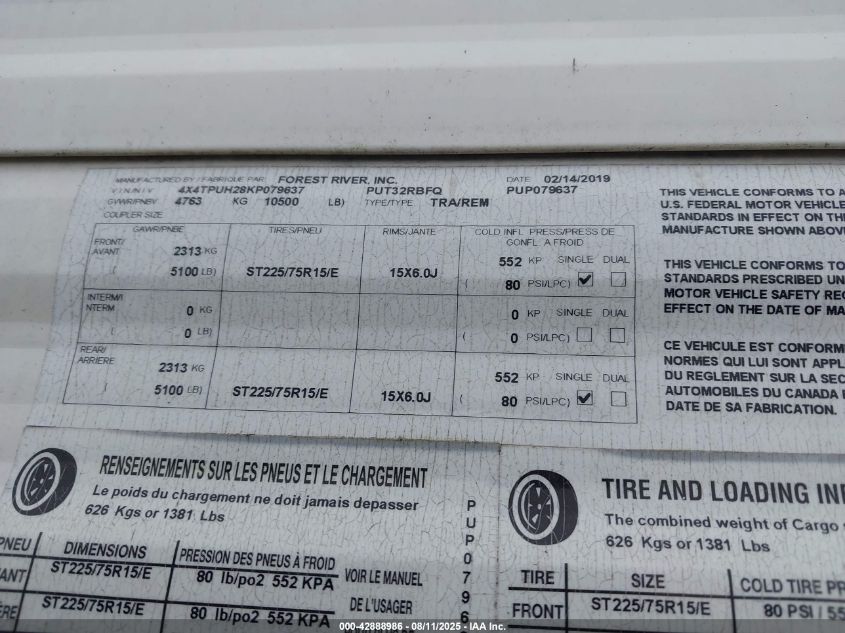 2019 Puma 32Rbfq VIN: 4X4TTUH28KP079637 Lot: 42888986