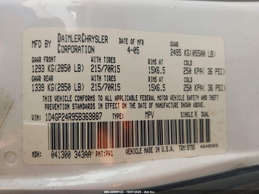 2005 Dodge Grand Caravan Se VIN: 1D4GP24R95B369887 Lot: 42889122