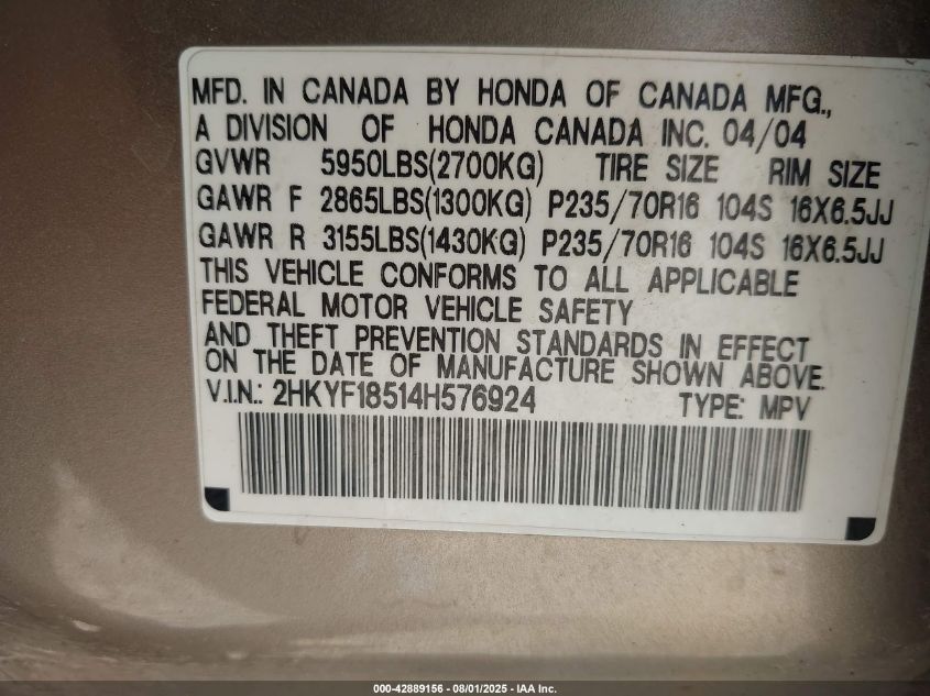 2004 Honda Pilot Ex-L VIN: 2HKYF18514H576924 Lot: 42889156