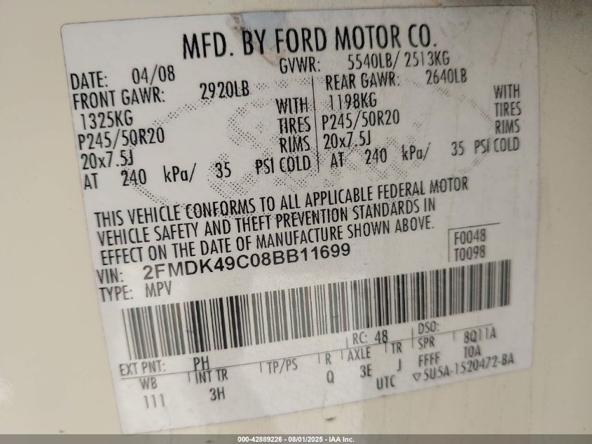 2008 Ford Edge Limited VIN: 2FMDK49C08BB11699 Lot: 42889226