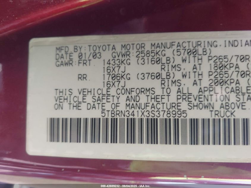 2003 Toyota Tundra Sr5 VIN: 5TBRN341X3S378995 Lot: 42889232