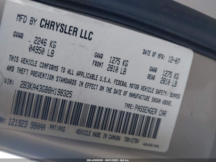 2008 Dodge Charger VIN: 2B3KA43G88H198325 Lot: 42889308