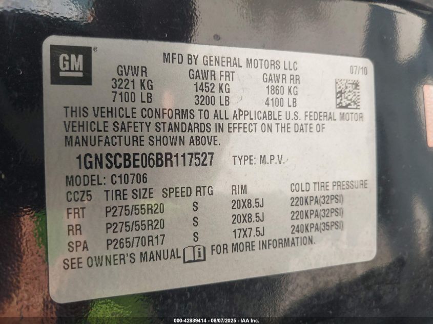 2011 Chevrolet Tahoe Lt VIN: 1GNSCBE06BR117527 Lot: 42889414