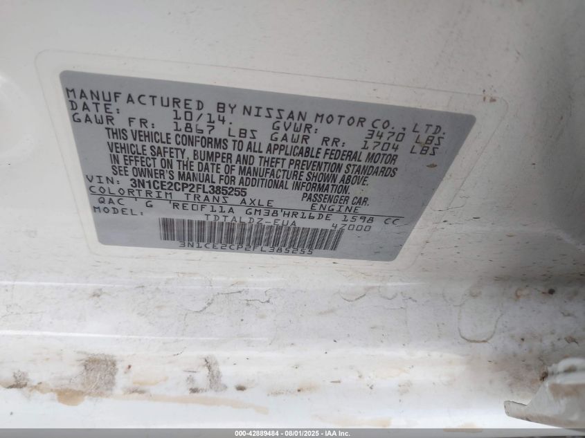 2015 Nissan Versa Note S (Sr)/S Plus/Sl/Sr/Sv VIN: 3N1CE2CP2FL385255 Lot: 42889484