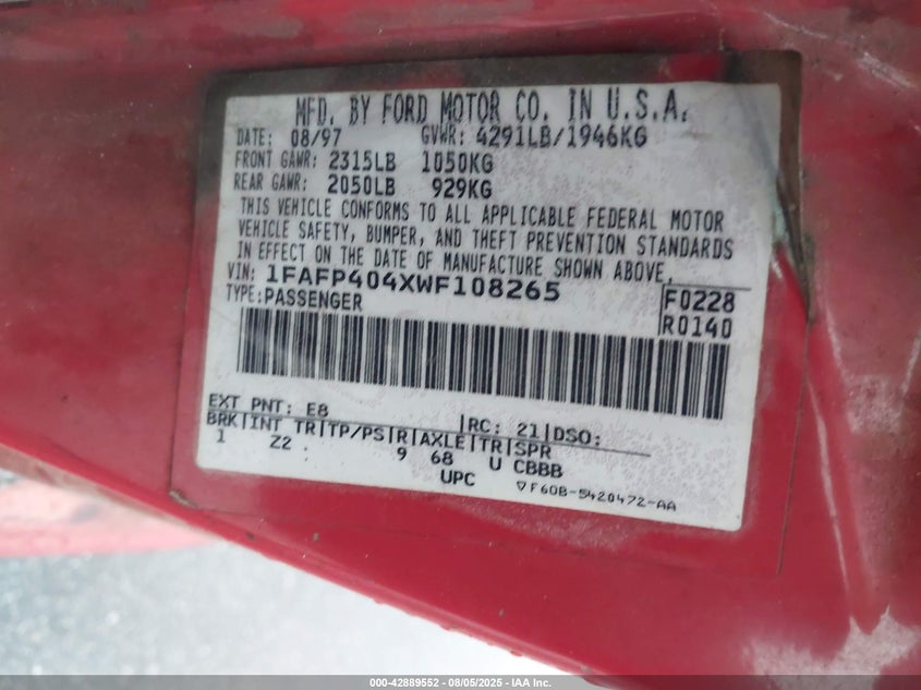 1998 Ford Mustang VIN: 1FAFP404XWF108265 Lot: 42889552