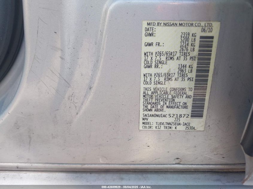 2010 Nissan Xterra Se VIN: 5N1AN0NU1AC521872 Lot: 42889929