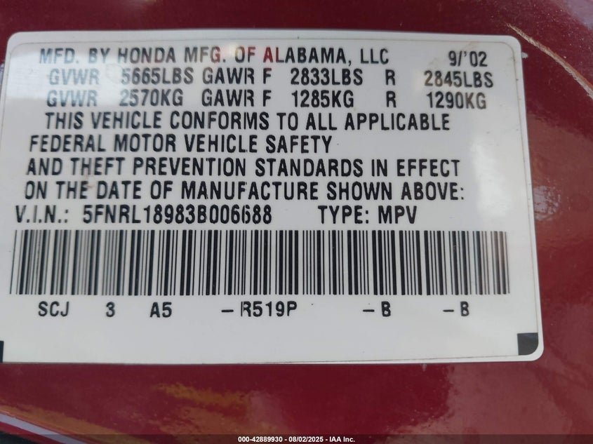 2003 Honda Odyssey Ex-L VIN: 5FNRL18983B006688 Lot: 42889930