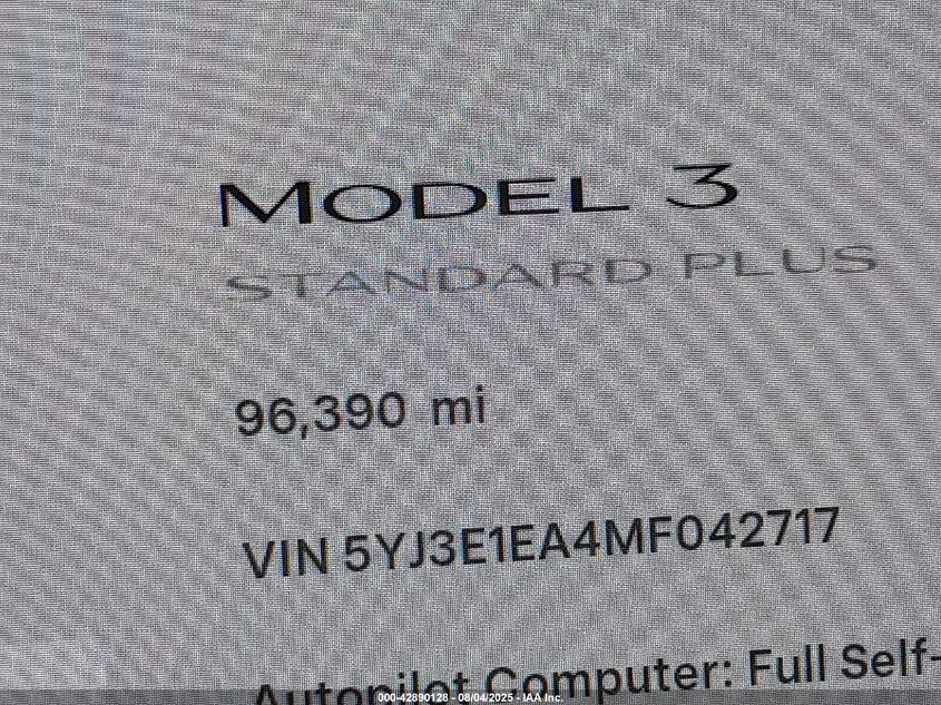 2021 Tesla Model 3 Standard Range Plus Rear-Wheel Drive VIN: 5YJ3E1EA4MF042717 Lot: 42890128