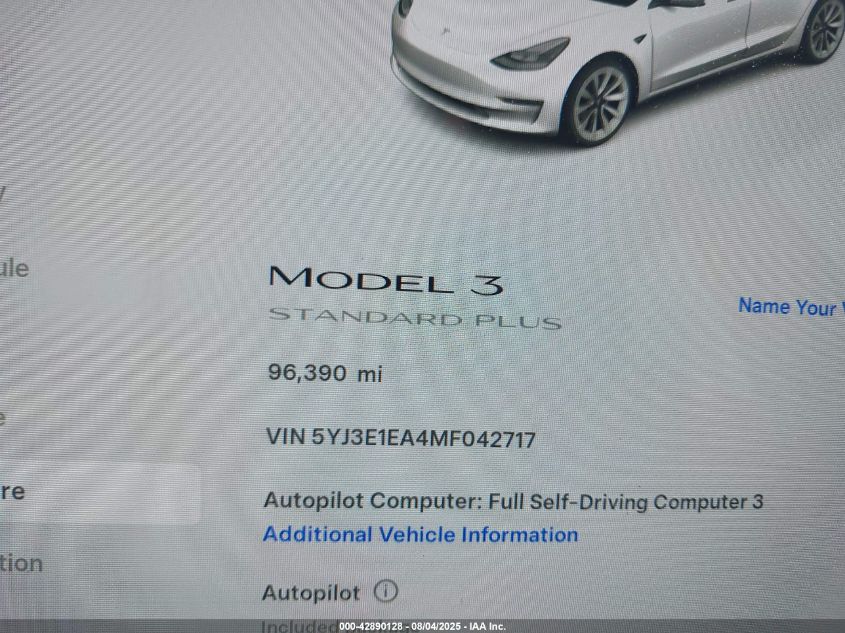 2021 Tesla Model 3 Standard Range Plus Rear-Wheel Drive VIN: 5YJ3E1EA4MF042717 Lot: 42890128