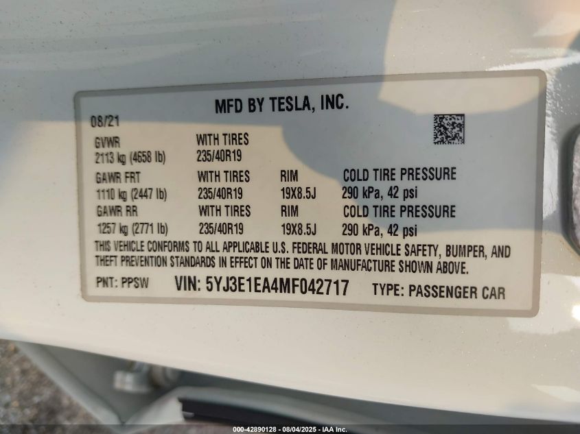 2021 Tesla Model 3 Standard Range Plus Rear-Wheel Drive VIN: 5YJ3E1EA4MF042717 Lot: 42890128
