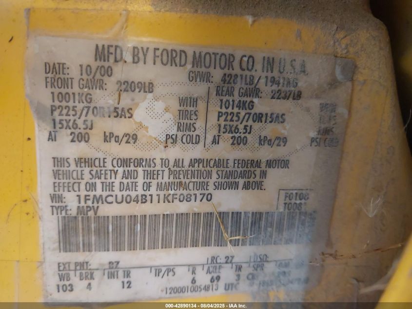 2001 Ford Escape VIN: 1FMCUO4B11KF08170 Lot: 42890134