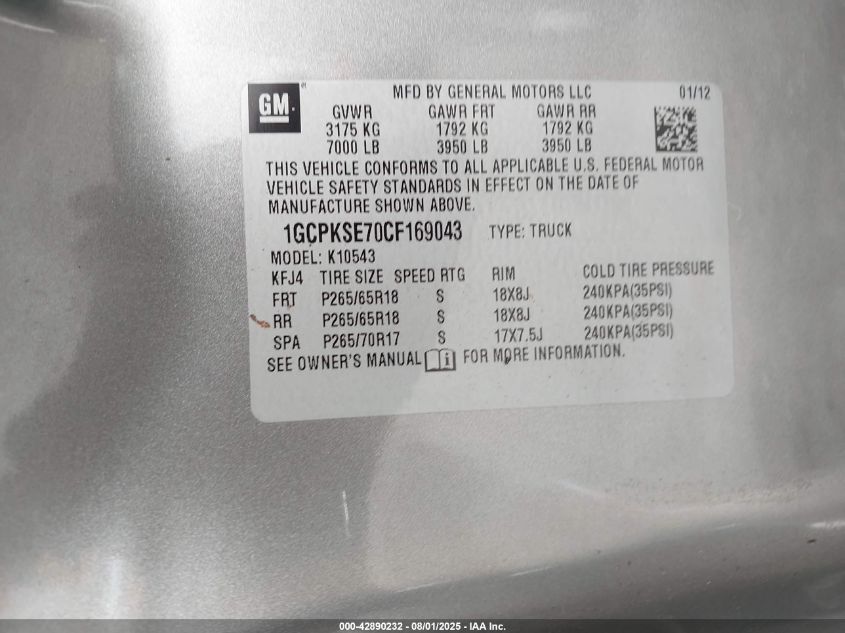 2012 Chevrolet Silverado 1500 Lt VIN: 1GCPKSE70CF169043 Lot: 42890232