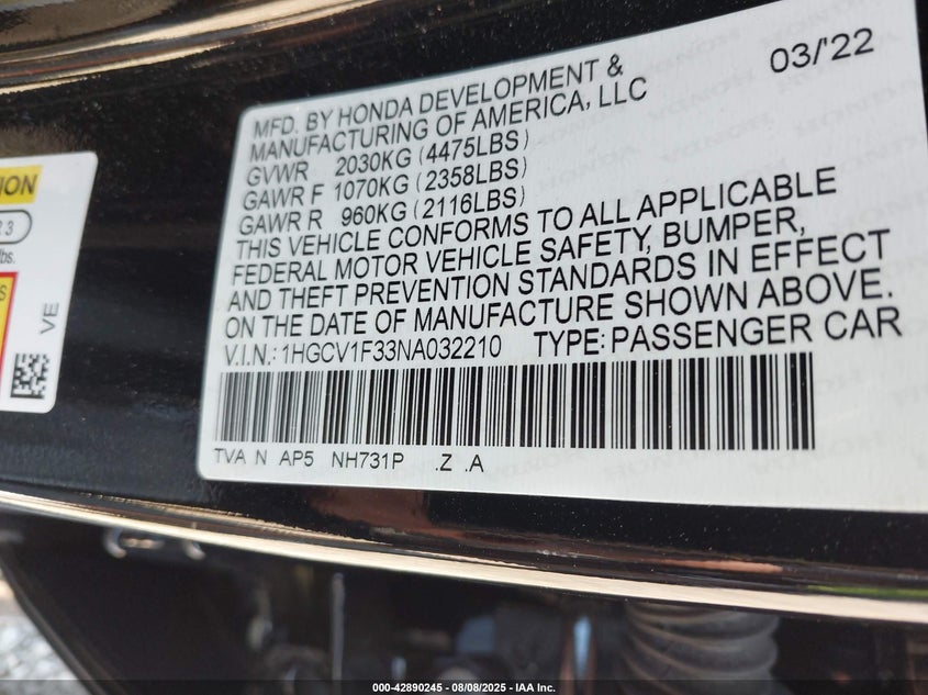 2022 HONDA ACCORD SPORT 1HGCV1F33NA032210