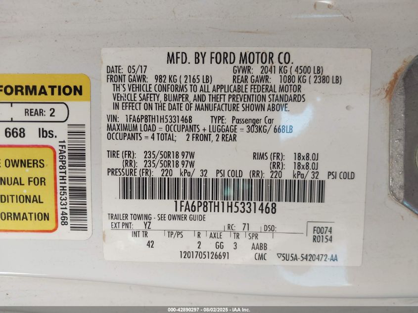 2017 Ford Mustang Ecoboost Premium VIN: 1FA6P8TH1H5331468 Lot: 42890297