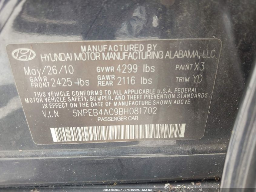 2011 Hyundai Sonata Gls VIN: 5NPEB4AC9BH081702 Lot: 42890407