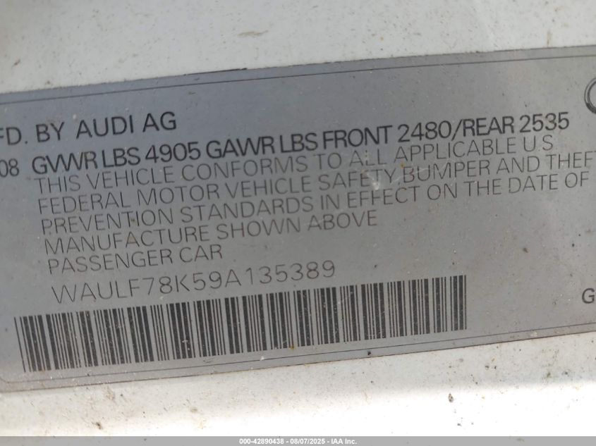 2009 Audi A4 2.0T Premium VIN: WAULF78K59A135389 Lot: 42890438
