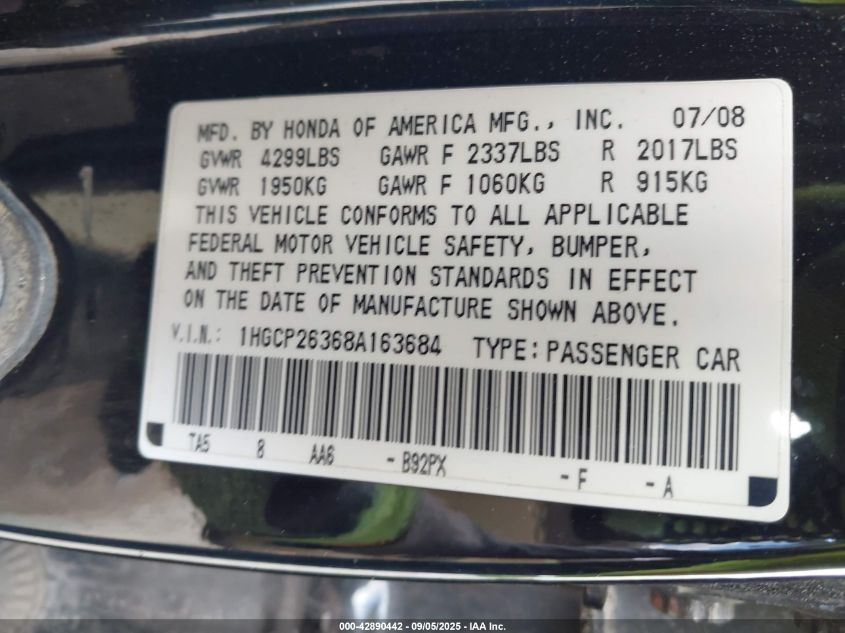 2008 Honda Accord 2.4 Lx VIN: 1HGCP26368A163684 Lot: 42890442