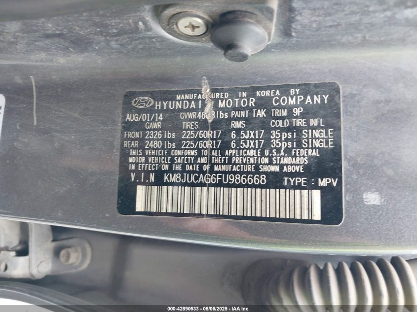 2015 Hyundai Tucson Se VIN: KM8JUCAG6FU986668 Lot: 42890533