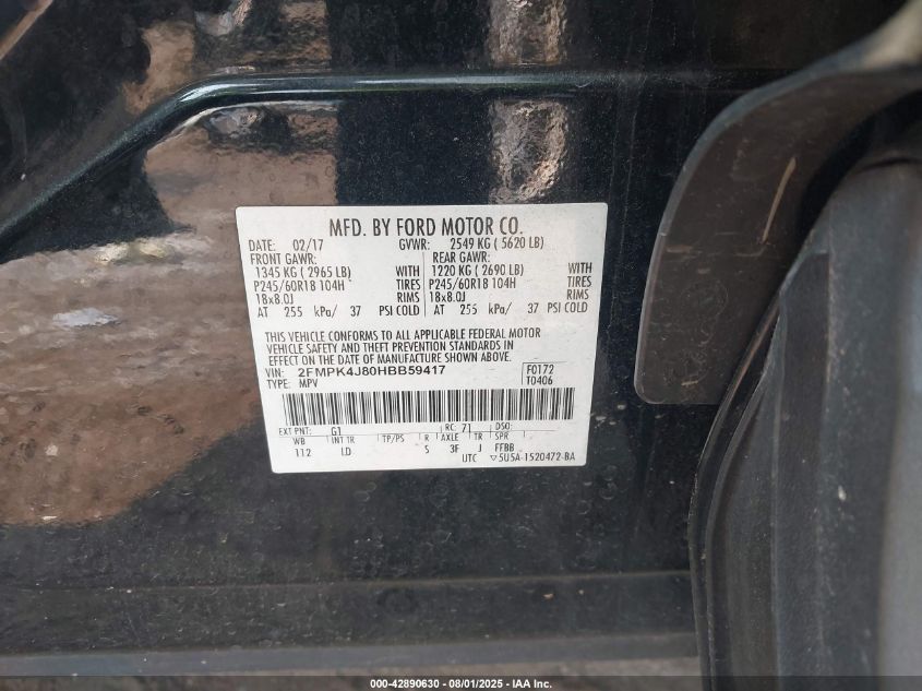 2017 Ford Edge Sel VIN: 2FMPK4J80HBB59417 Lot: 42890630