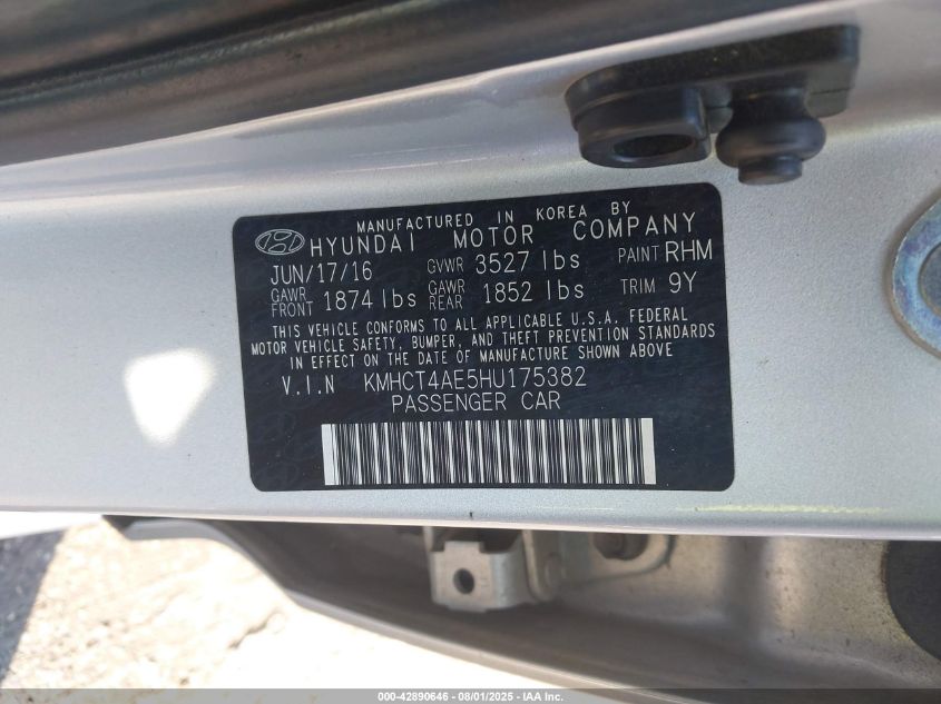 2017 Hyundai Accent Se VIN: KMHCT4AE5HU175382 Lot: 42890646
