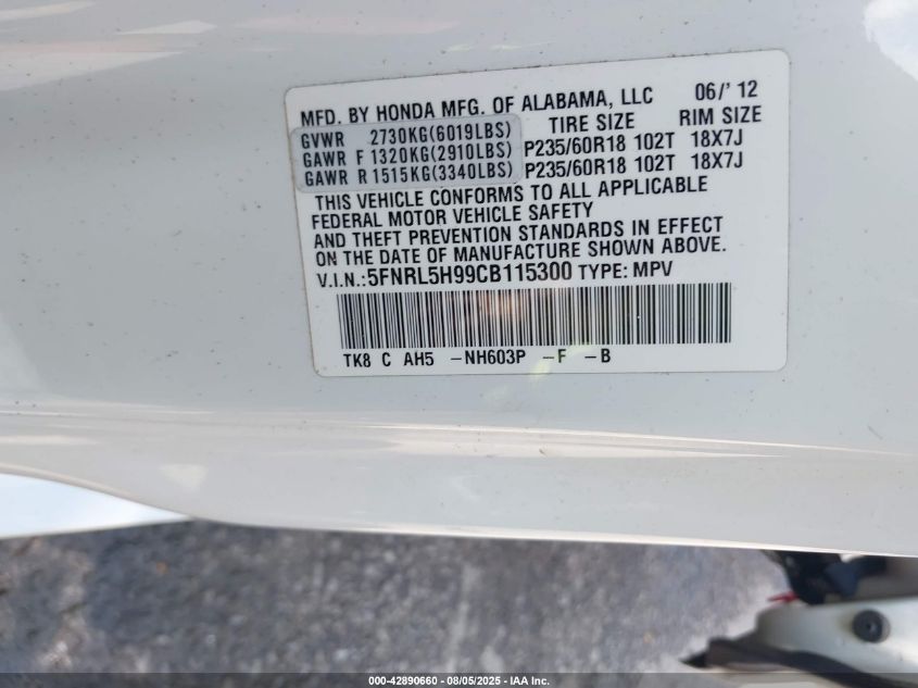 2012 Honda Odyssey Touring/Touring Elite VIN: 5FNRL5H99CB115300 Lot: 42890660