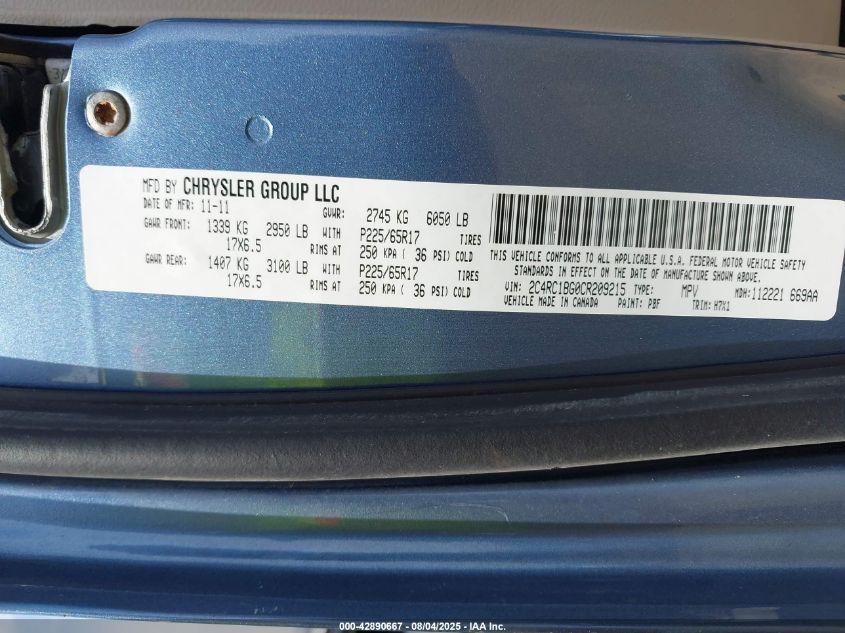2012 Chrysler Town & Country Touring VIN: 2C4RC1BG0CR209215 Lot: 42890667