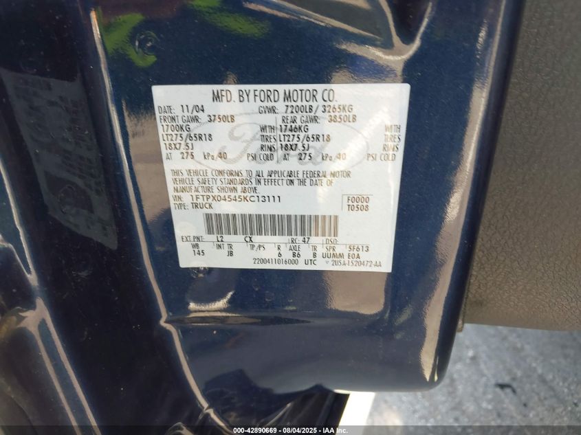 2005 Ford F-150 Fx4/Xlt VIN: 1FTPX04545KC13111 Lot: 42890669