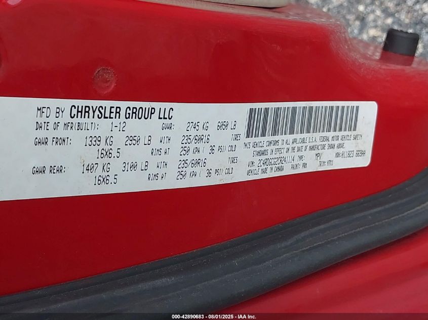 2012 Dodge Grand Caravan Sxt VIN: 2C4RDGCG2CR241114 Lot: 42890683