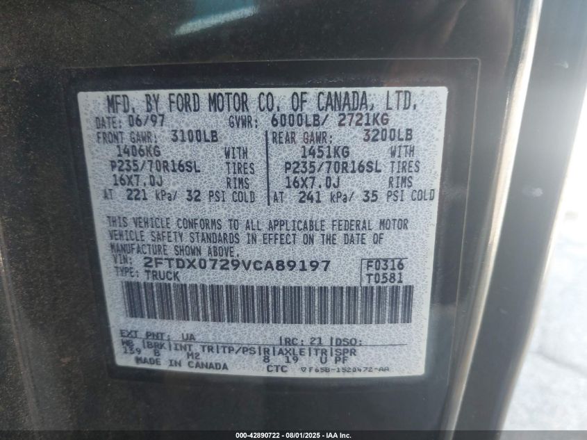 1997 Ford F150 Xl/Xlt VIN: 2FTDX0729VCAB9197 Lot: 42890722