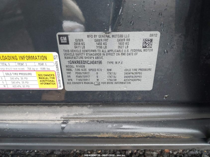 2012 Chevrolet Traverse Ls VIN: 1GNKREED5CJ404196 Lot: 42890728