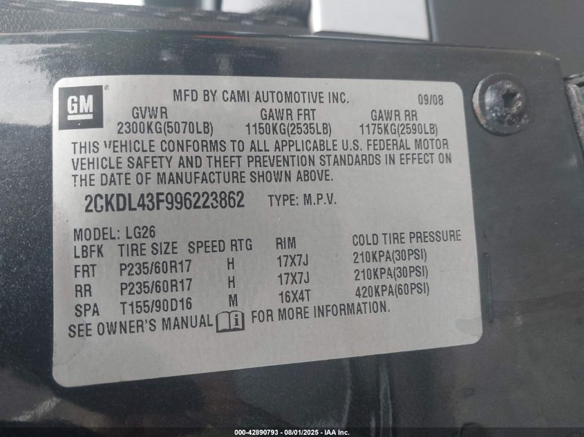 2009 Pontiac Torrent VIN: 2CKDL43F996223862 Lot: 42890793