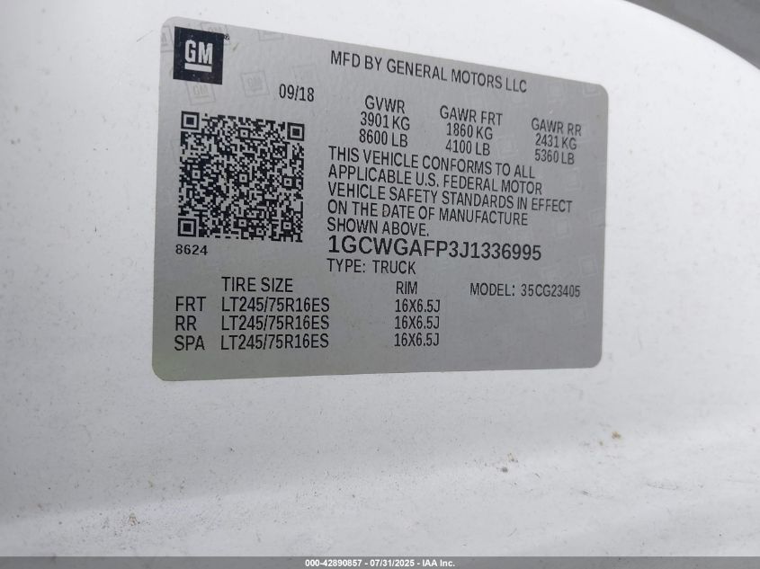 2018 Chevrolet Express 2500 Work Van VIN: 1GCWGAFP3J1336995 Lot: 42890857
