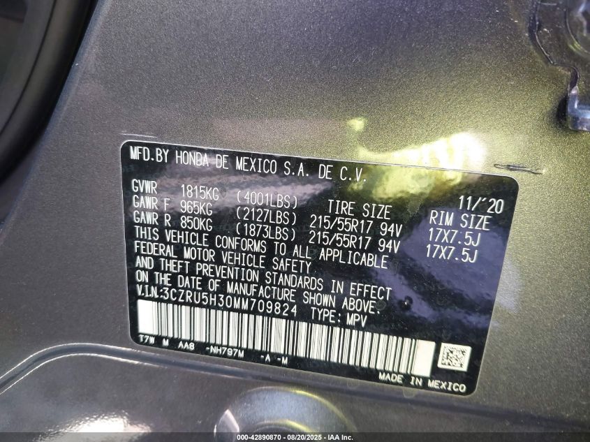 2021 Honda Hr-V 2Wd Lx VIN: 3CZRU5H30MM709824 Lot: 42890870