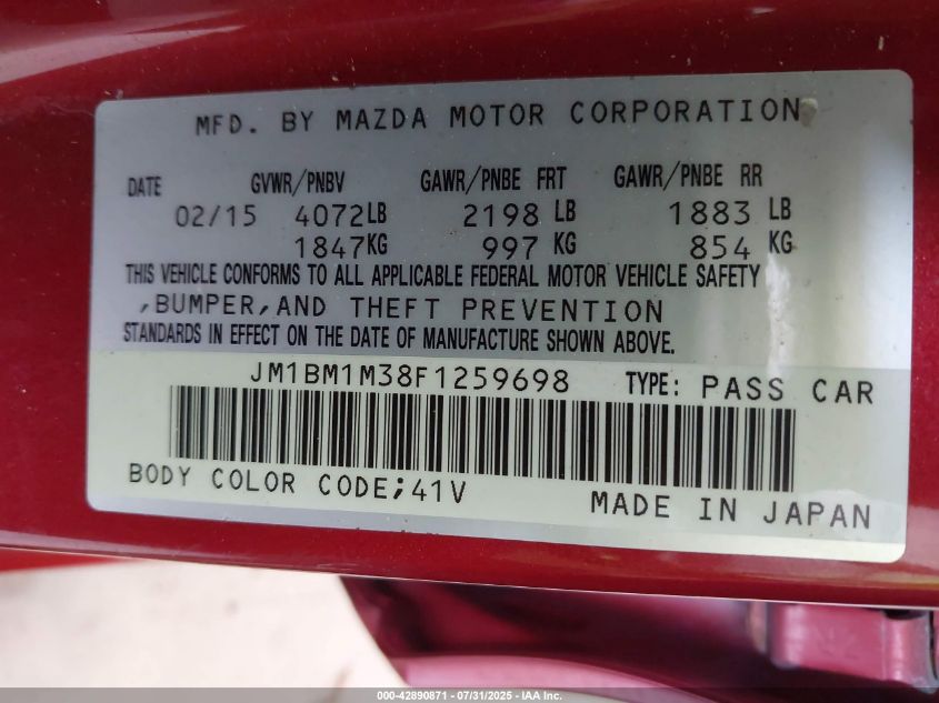 2015 Mazda Mazda3 S Grand Touring VIN: JM1BM1M38F1259698 Lot: 42890871