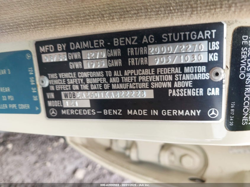 1989 Mercedes-Benz 260 E VIN: WDBEA26D1KA822228 Lot: 42890969