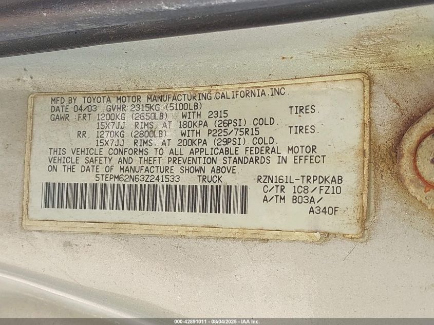 2003 Toyota Tacoma VIN: 5TEPM62N63Z241533 Lot: 42891011