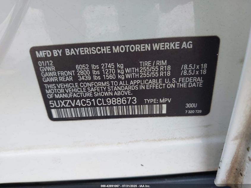 2012 BMW X5 xDrive35I/xDrive35I Premium/xDrive35I Sport Activity VIN: 5UXZV4C51CL988673 Lot: 42891067