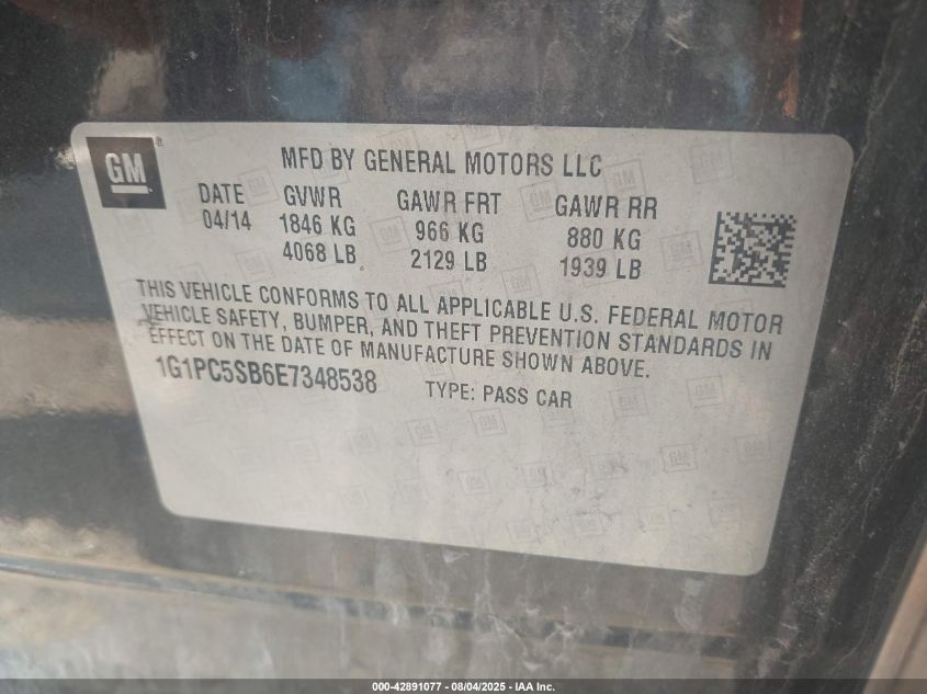 2014 Chevrolet Cruze 1Lt Auto VIN: 1G1PC5SB6E7348538 Lot: 42891077