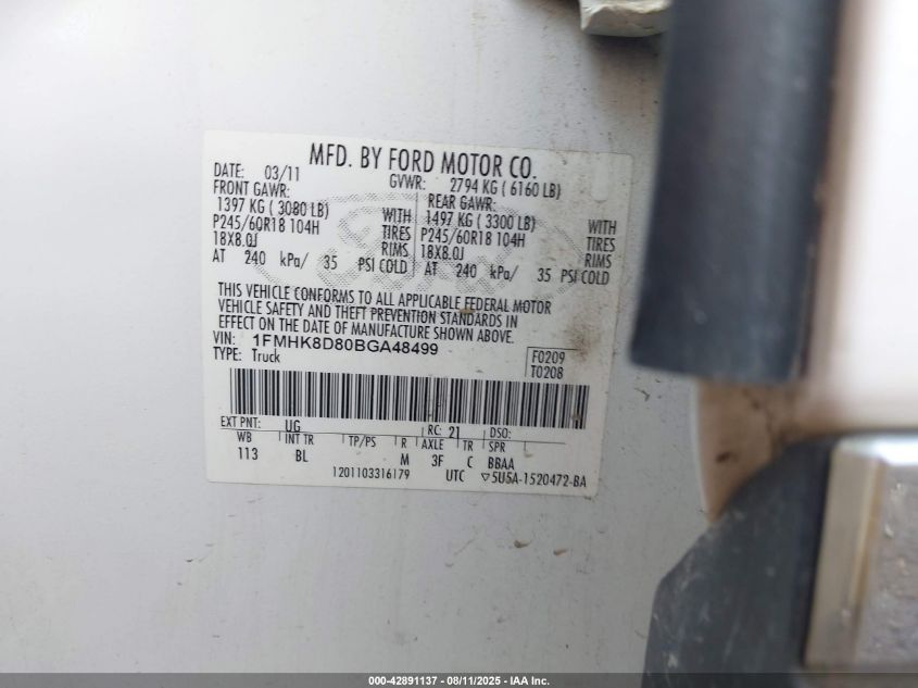 2011 Ford Explorer Xlt VIN: 1FMHK8D80BGA48499 Lot: 42891137