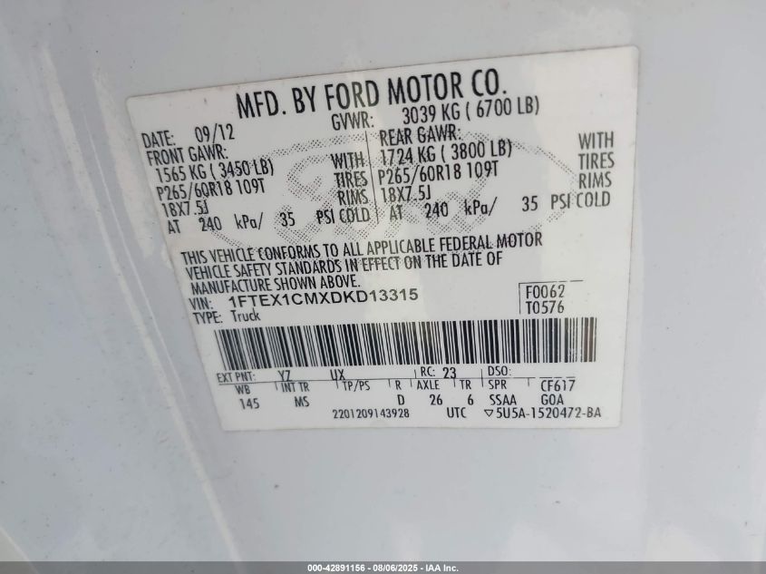 2013 Ford F-150 Xlt VIN: 1FTEX1CMXDKD13315 Lot: 42891156