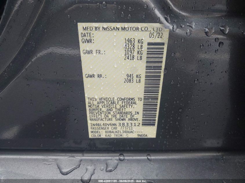 2022 Nissan Altima Sv Fwd VIN: 1N4BL4DV6NN383312 Lot: 42891189