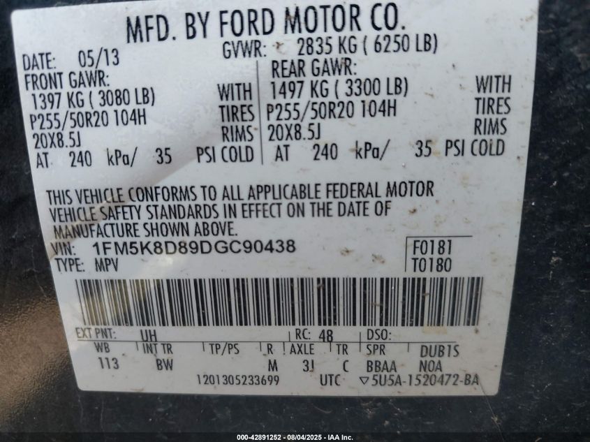 2013 Ford Explorer Xlt VIN: 1FM5K8D89DGC90438 Lot: 42891252