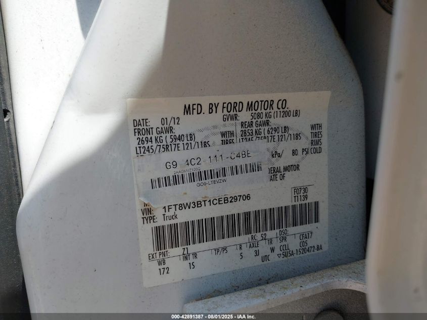 2012 Ford F-350 Xl VIN: 1FT8W3BT1CEB29706 Lot: 42891387