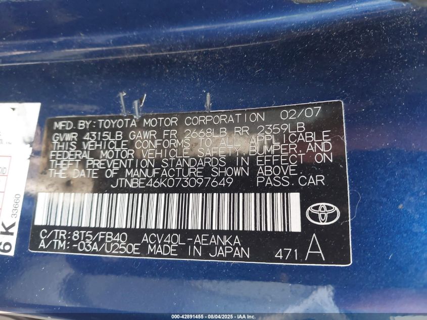 2007 Toyota Camry Ce/Le/Xle/Se VIN: JTNBE46K073097649 Lot: 42891455