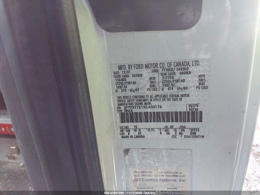 2002 Ford F-150 Xl/Xlt VIN: 2FTPF17Z02CA35110 Lot: 42891590